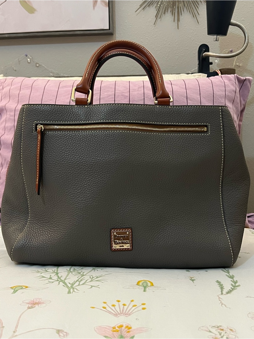 Dooney & Bourke Gray Leather Satchel with Brown Handles and Gold Hardware